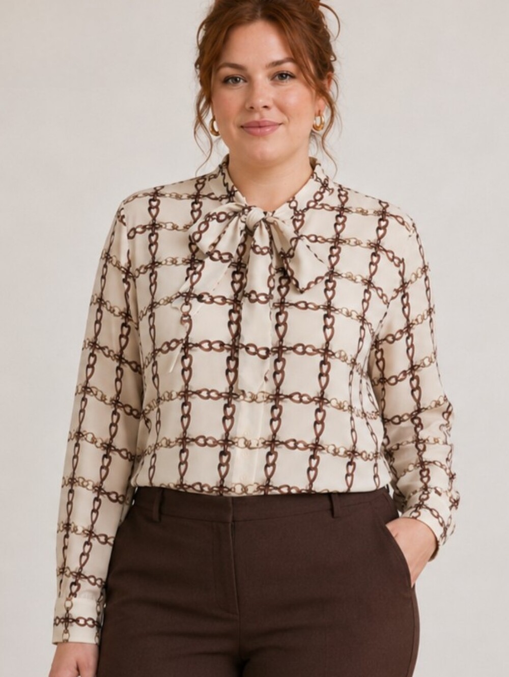 Talbots Plus Equestrian Chain Print Tie Neck Blouse Size X